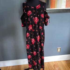 Xhilaration black red rose don’t crepe ruffled cold shoulder capri jumpsuit. Med